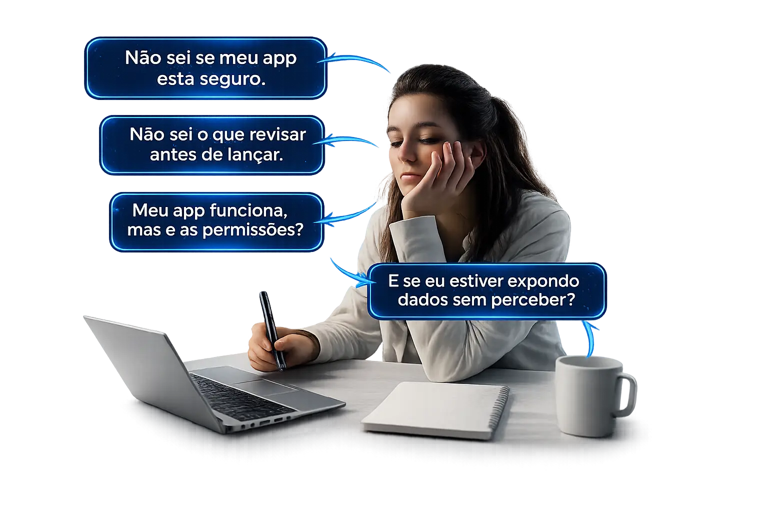 Pessoa preocupada ao pensar em revisar a segurança do seu app